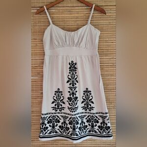 INC Boho Embroidered Spaghetti Strap Above the Knee Dress Women's M, Tan w/Black